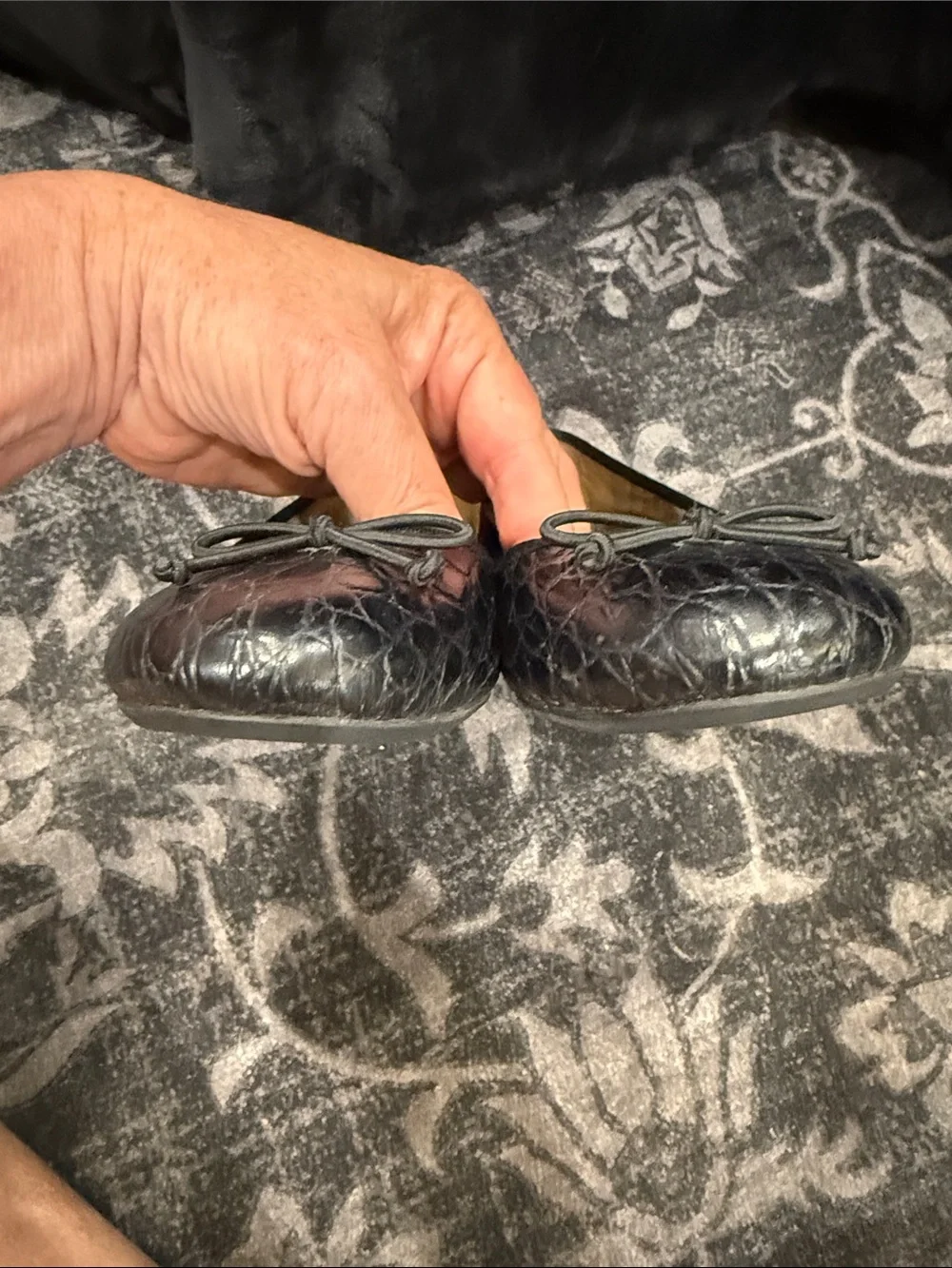 Talbots Black Croc-Embossed Ballet Flats with Bow